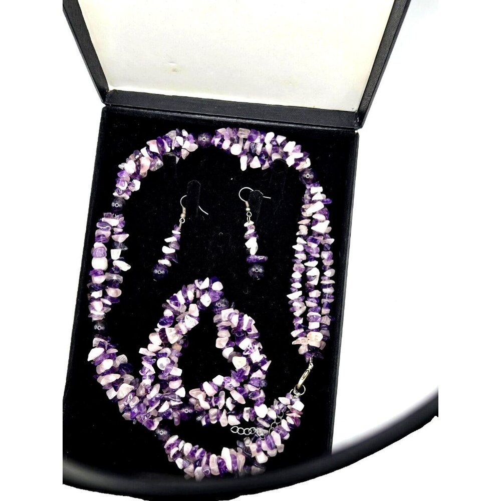 Vintage AMETHYST Gemstone Purple Necklace, Bracelet and Dangle Earrings Boxed
